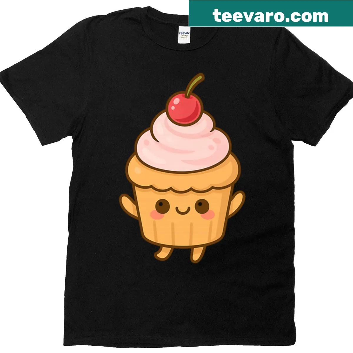 Cute smiling cupcake design on T-shirt with cherry on top — on a men's t-shirt