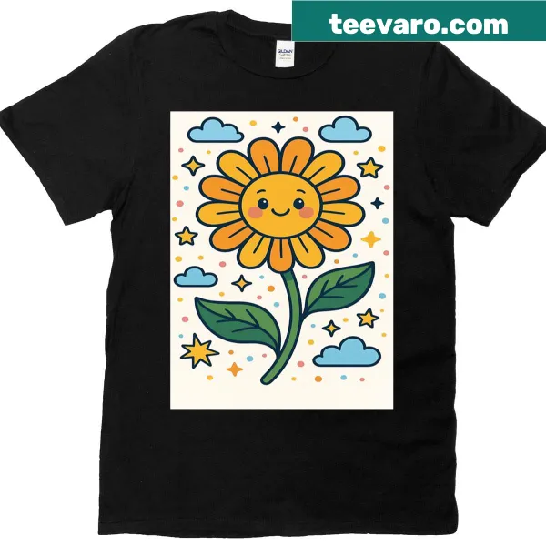 Cute oversized T-shirt with smiling Kawaii sunflower design