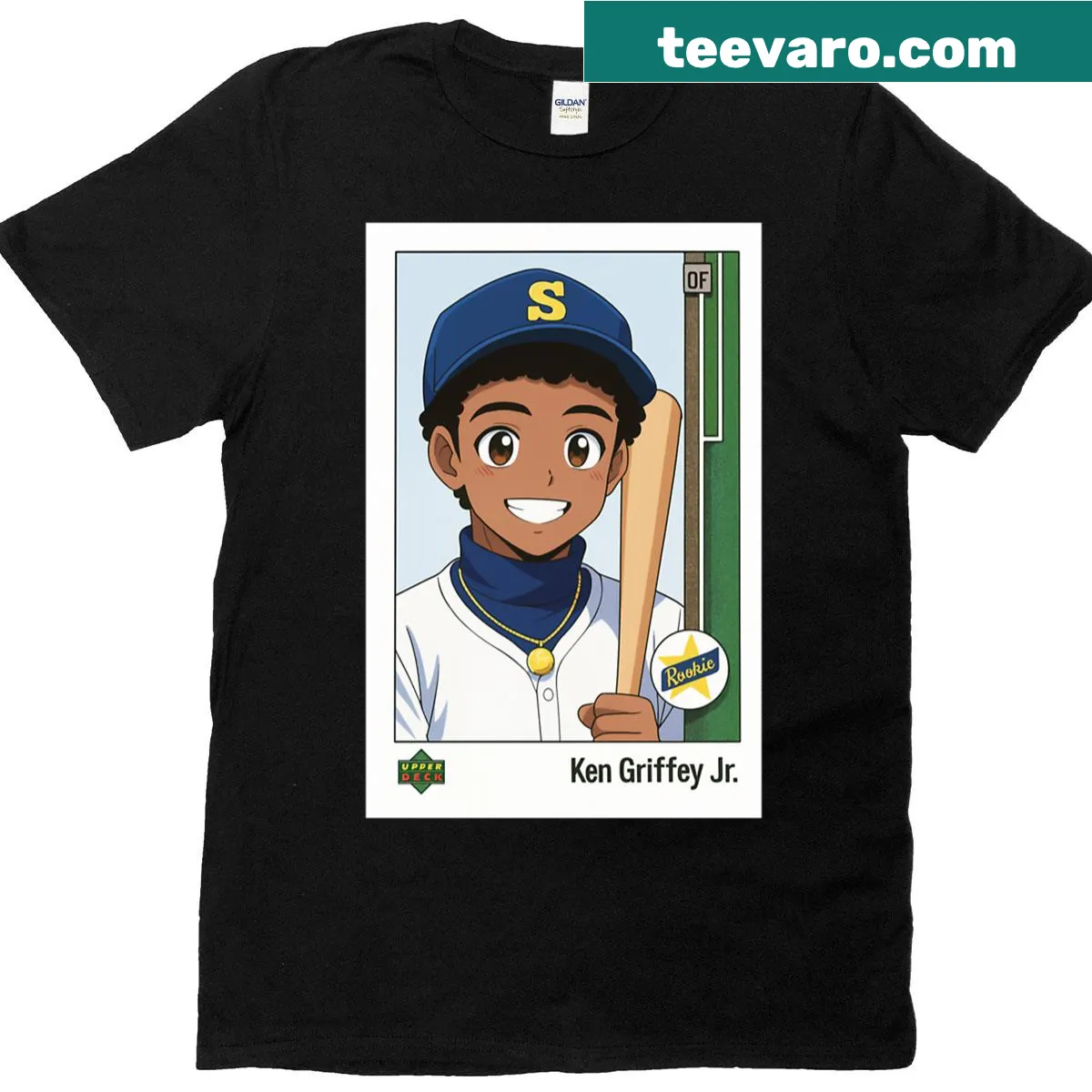 Anime-style illustration of Ken Griffey Jr. from 1989 Upper Deck — on a men's t-shirt