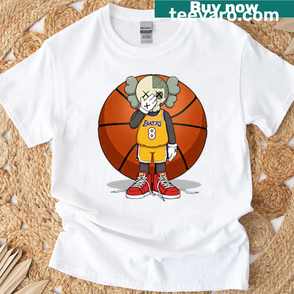 Artistic tribute shirt featuring a character with a basketball and red sneakers. — on a men's t-shirt