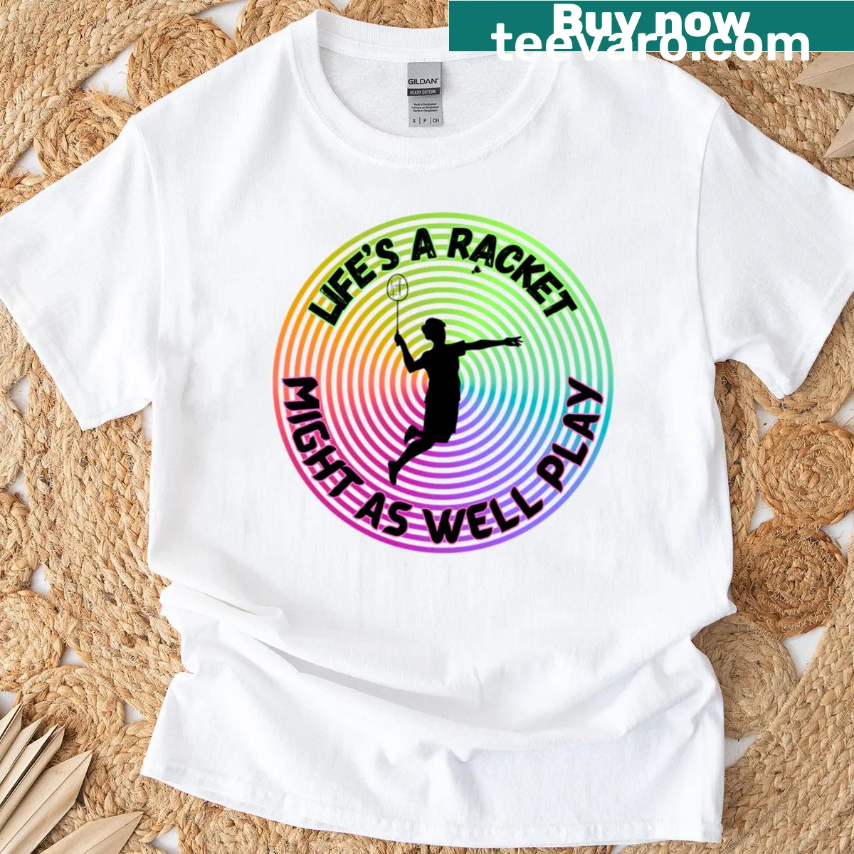 Oversized T-shirt with a humorous tennis racket graphic and playful text — on a men's t-shirt