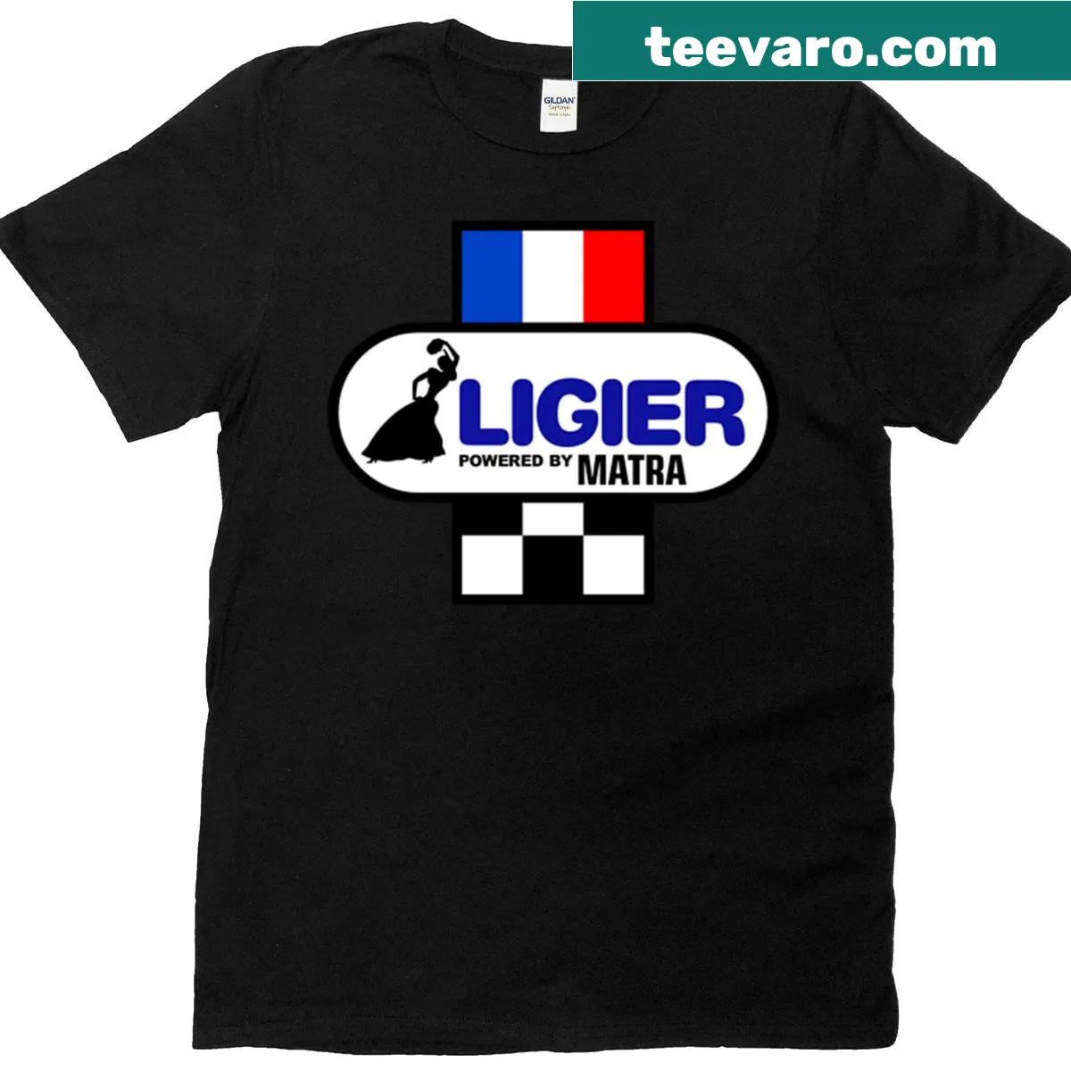 Illustration of the Ligier JS17 car on a racing-themed t-shirt — on a men's t-shirt
