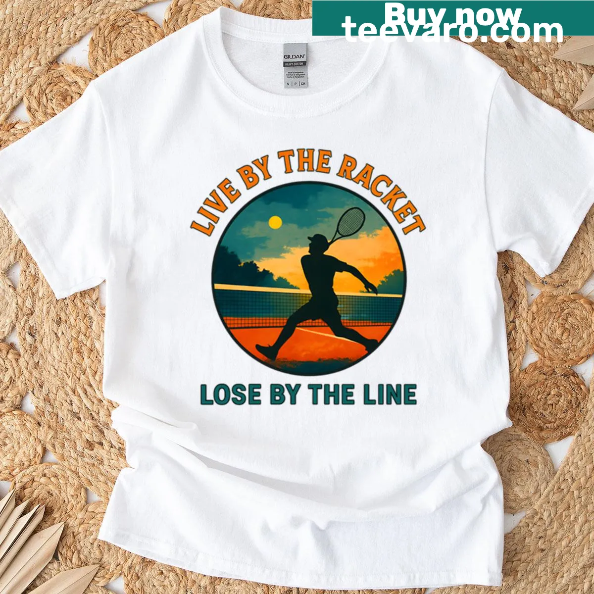 Tennis-themed T-shirt featuring the phrase 'Live by the racket - lose by the line.' — on a men's t-shirt