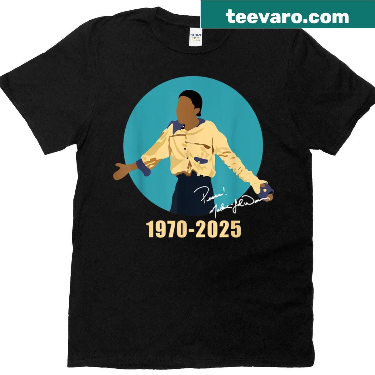 Retro tribute t-shirt for Theo Huxtable with memory dates 1970-2025 — on a men's t-shirt