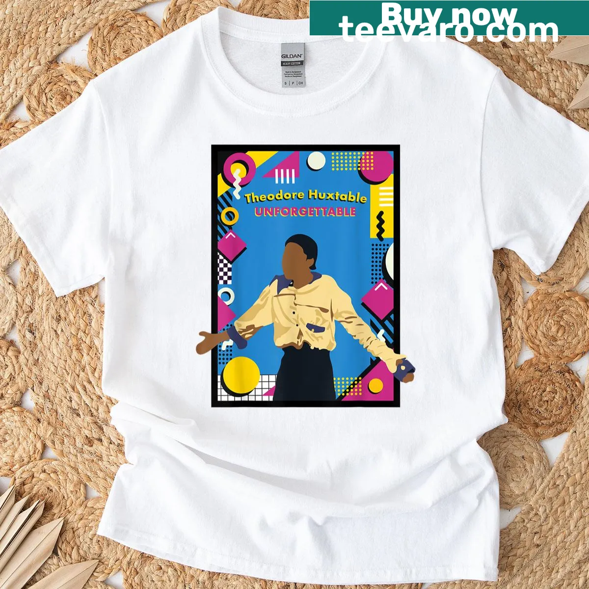 Retro-style t-shirt featuring a tribute to Theo Huxtable with nostalgic design — on a men's t-shirt