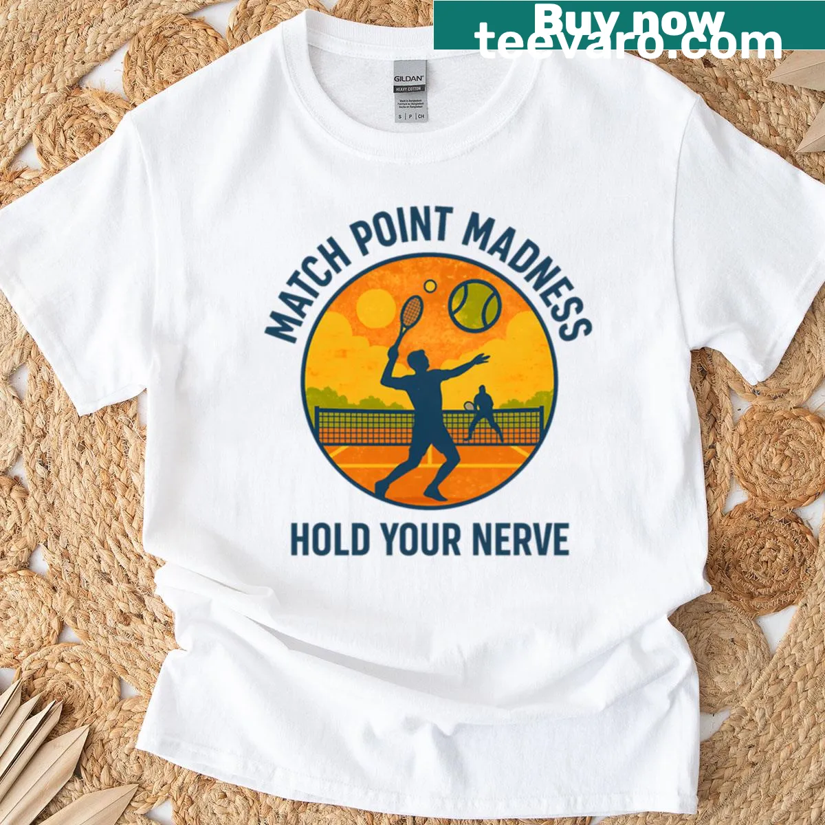 Tennis T-shirt featuring motivational phrase 'Hold Your Nerve' in bold typography — on a men's t-shirt