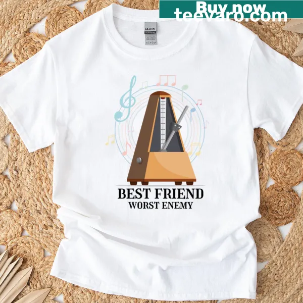 T-shirt with playful metronome design and text about friendship and rivalries in music