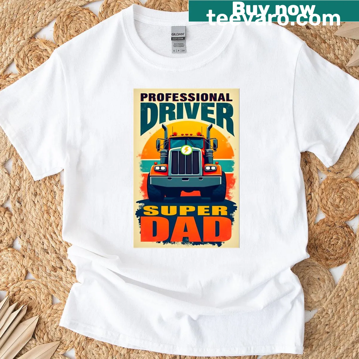 Motivational truck-themed shirt for dads with 'Professional Driver Super Dad' text — on a men's t-shirt