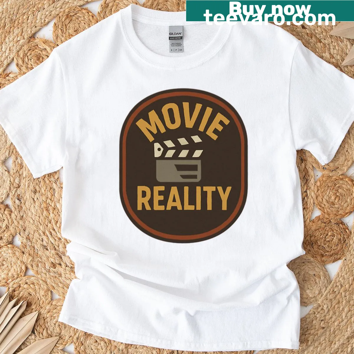 Retro badge graphic tee with movie-themed design about fiction and truth — on a men's t-shirt