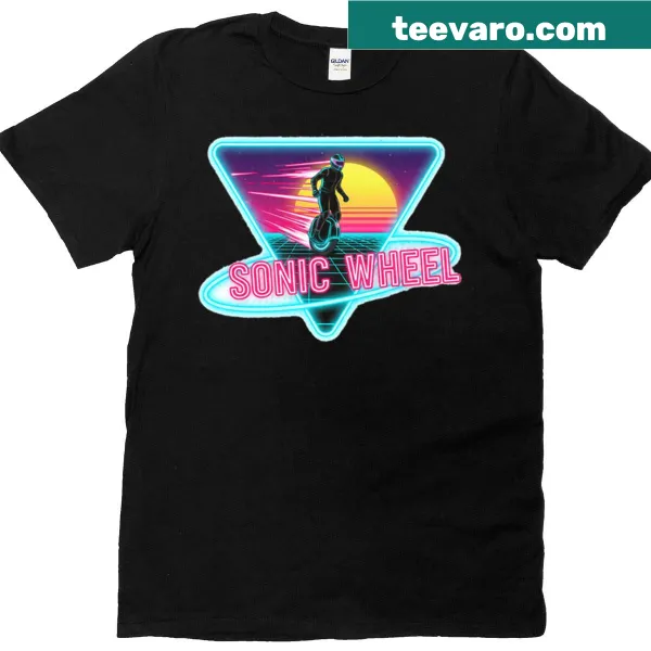 Retro t-shirt featuring a neon unicycle rider against a sunset grid
