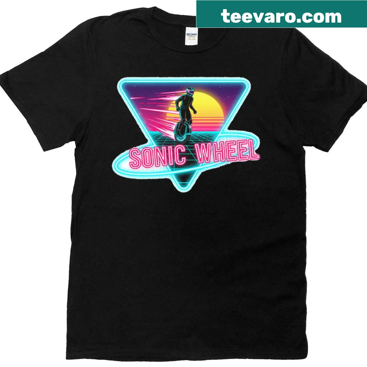 Retro t-shirt featuring a neon unicycle rider against a sunset grid — on a men's t-shirt