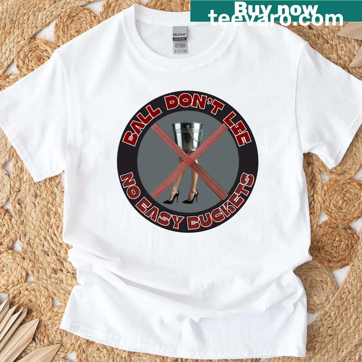 Oversized T-shirt with a playful basketball graphic saying 'No Easy Buckets' — on a men's t-shirt