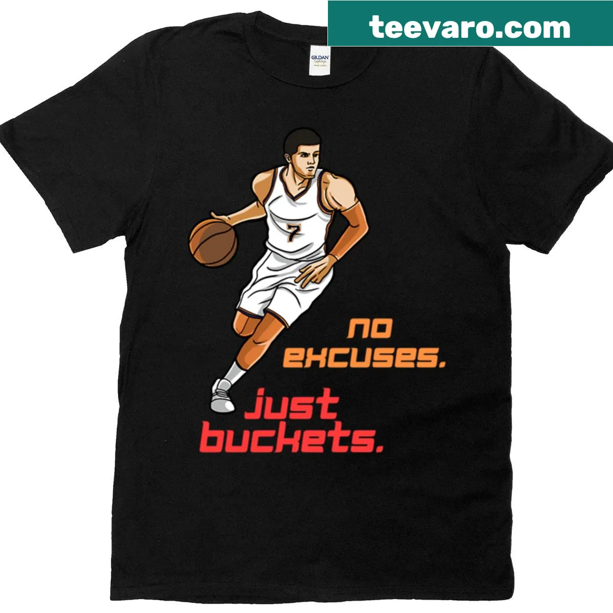 Motivational basketball T-shirt with bold text saying 'No Excuses Just Buckets' — on a men's t-shirt