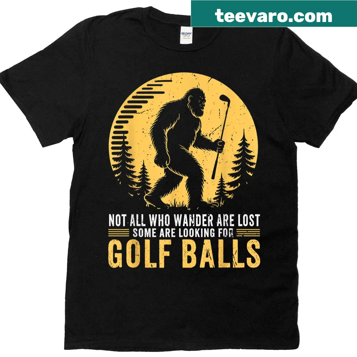 Funny Bigfoot golfing illustration on a humorous tee — on a men's t-shirt
