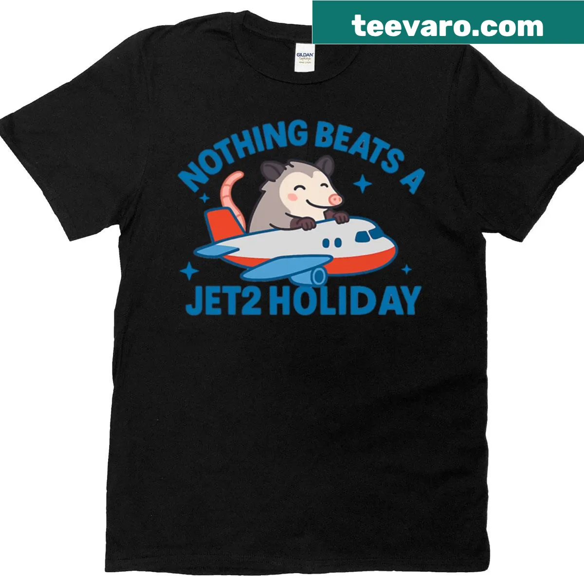 Cheerful possum illustration with 'Nothing Beats A Jet2 Holiday' text — on a men's t-shirt