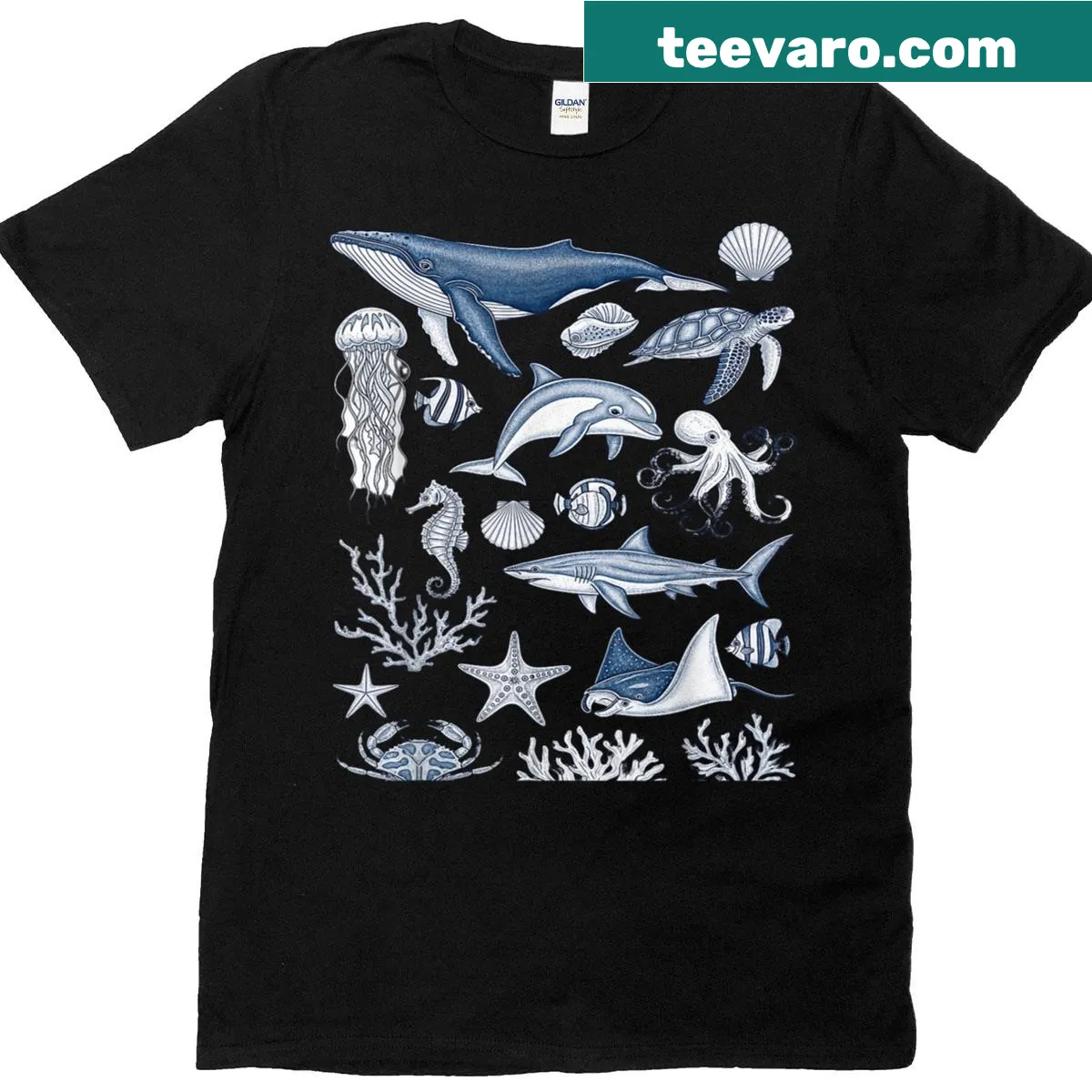 Vintage graphic T-shirt featuring ocean life with whales and dolphins — on a men's t-shirt