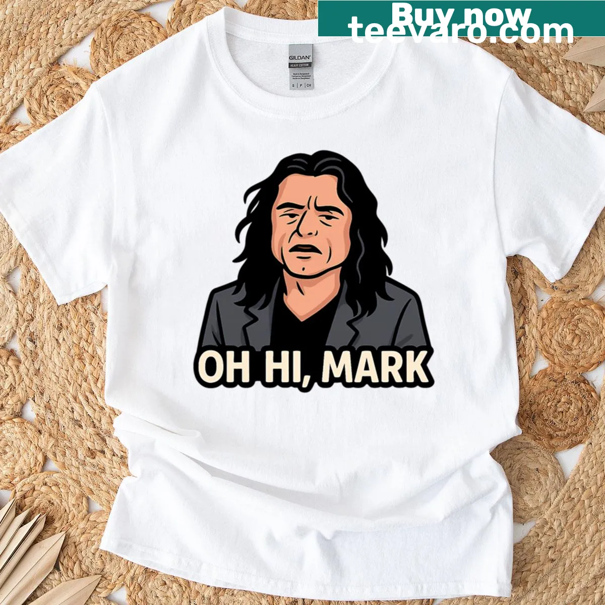 Cartoon design Oh Hi Mark T-shirt featuring iconic phrase — on a men's t-shirt