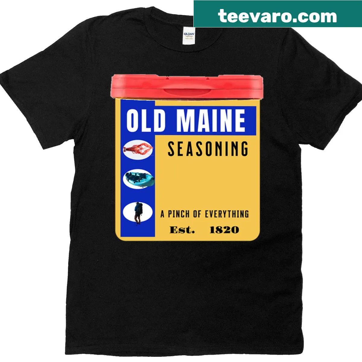 Typography tee celebrating Old Maine Seasoning — on a men's t-shirt
