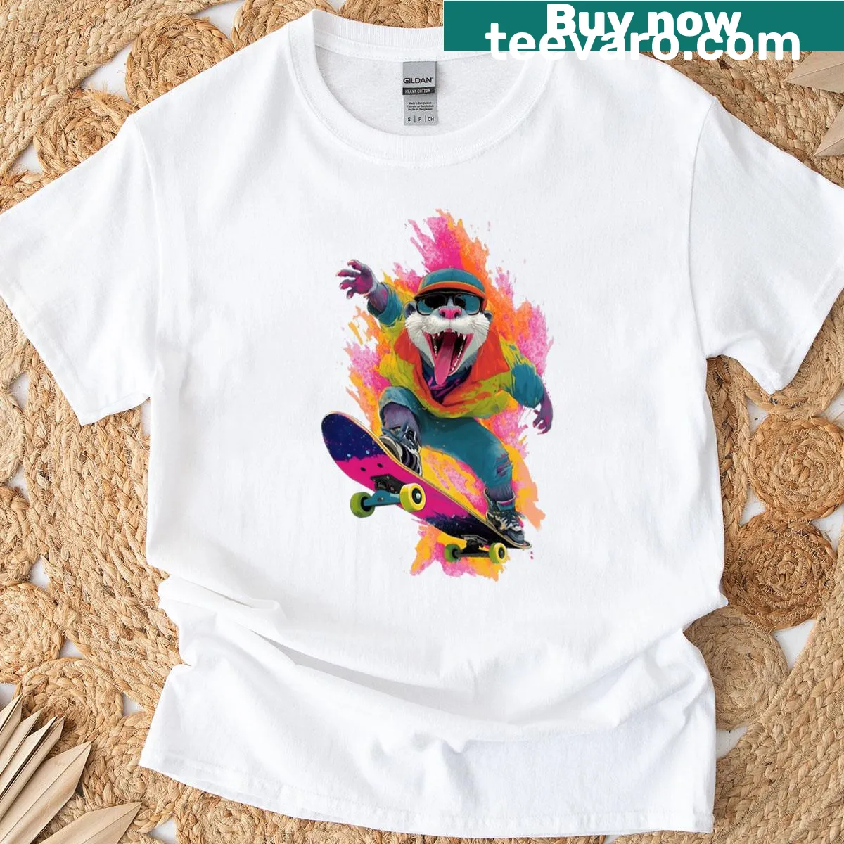 Cartoon otter skateboarding in a punk style — on a men's t-shirt