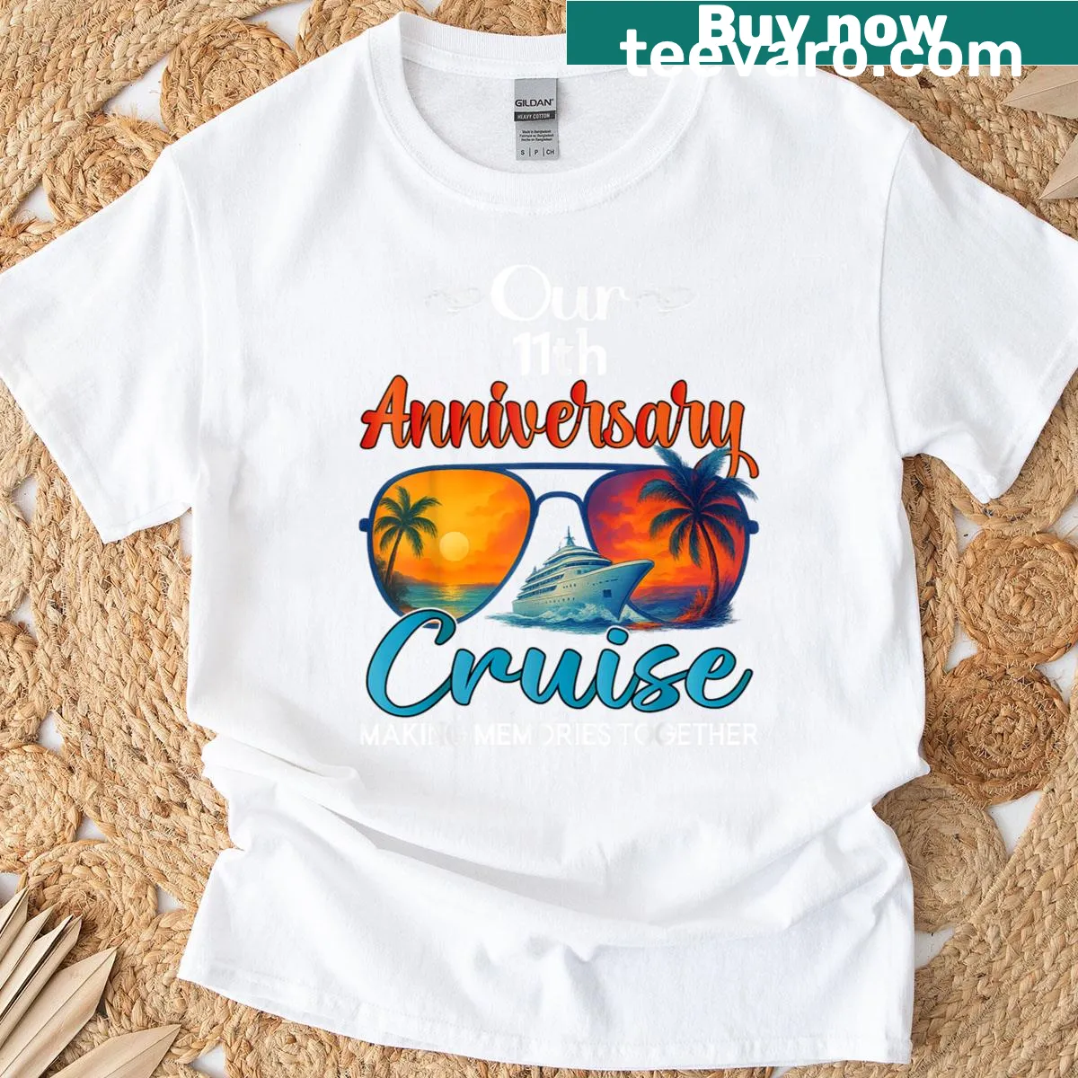 Illustration of a couple on a cruise with nautical elements — on a men's t-shirt