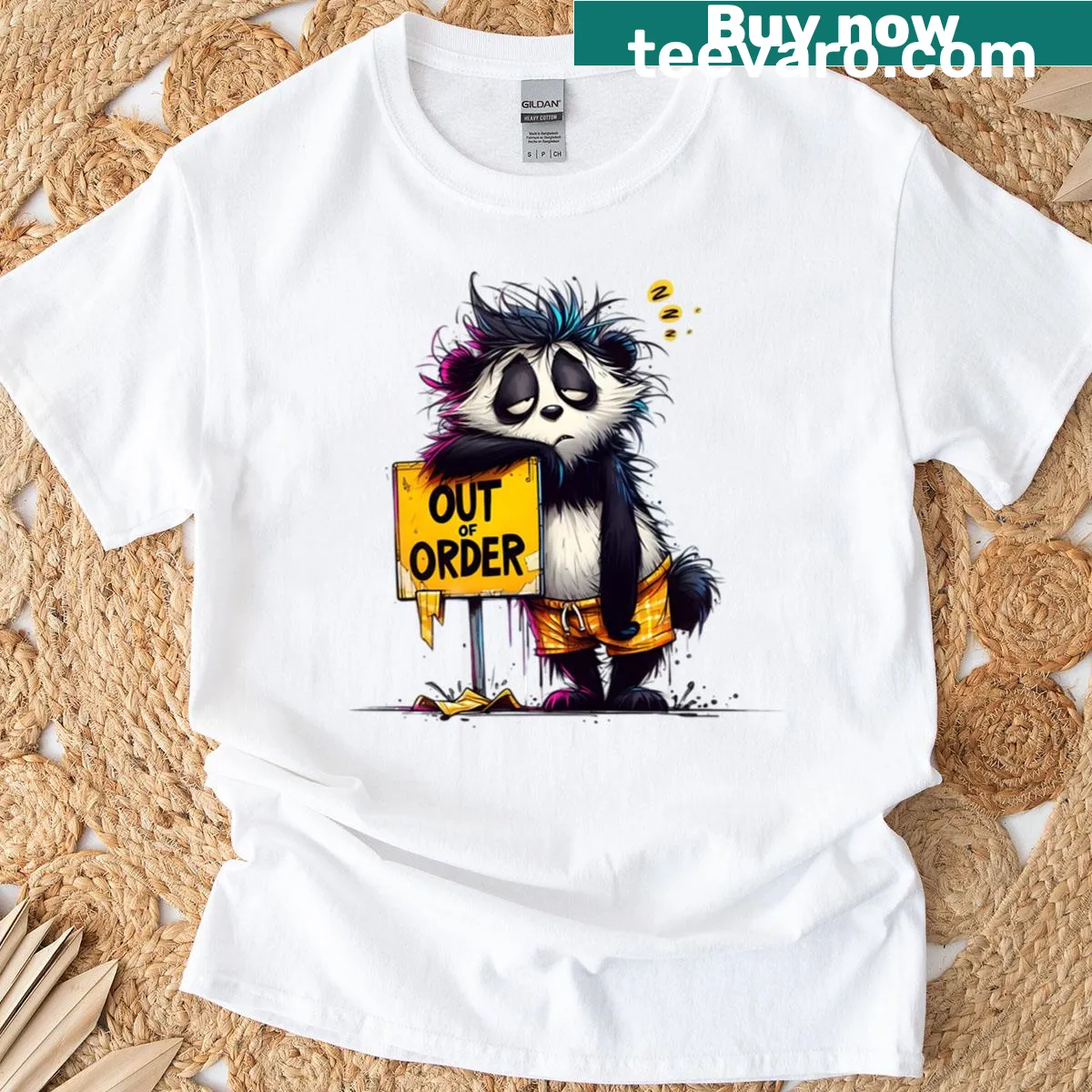 Illustration of a tired panda with an 'Out of Order' sign, humorous style — on a men's t-shirt