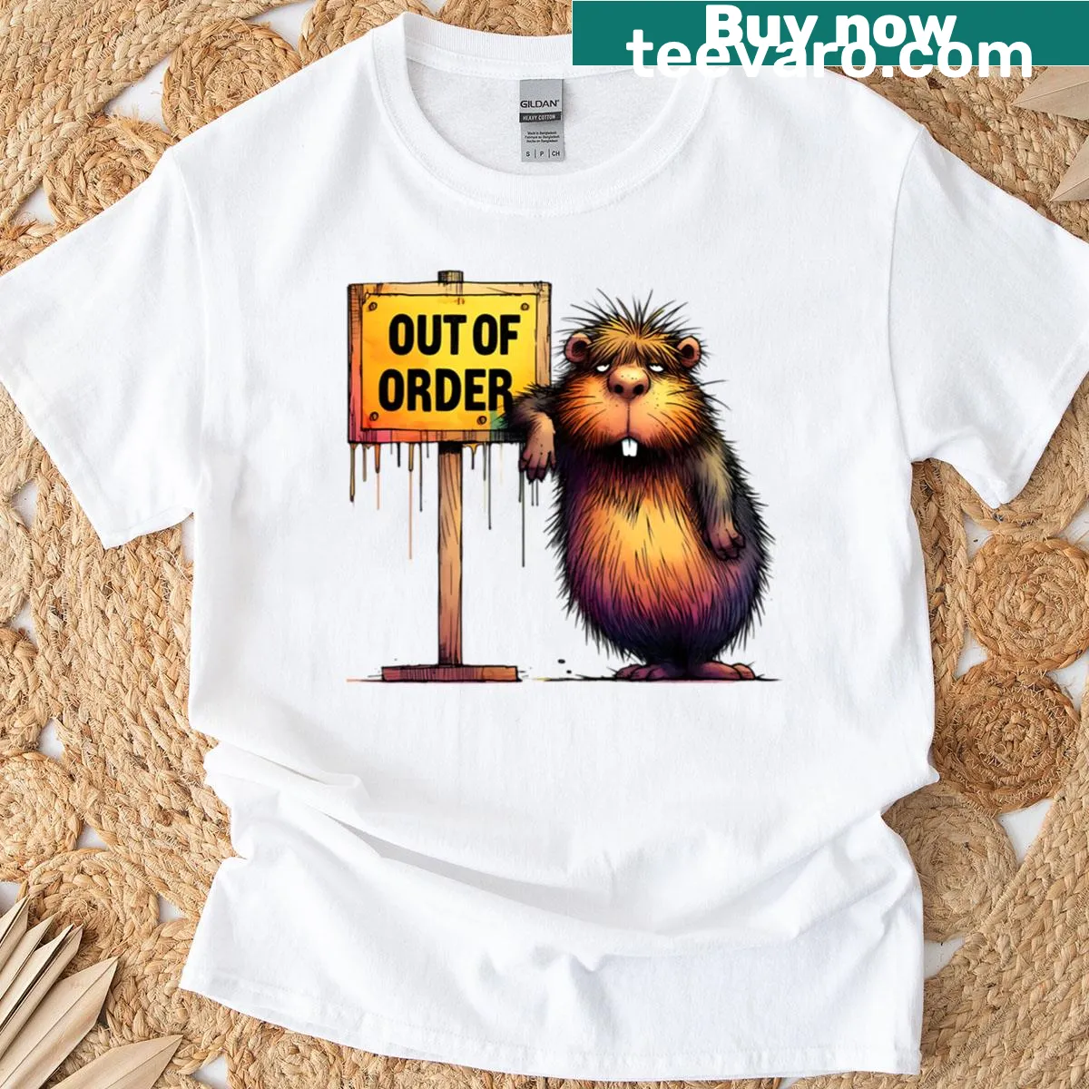 Sarcastic rodent with shield T-shirt design — on a men's t-shirt