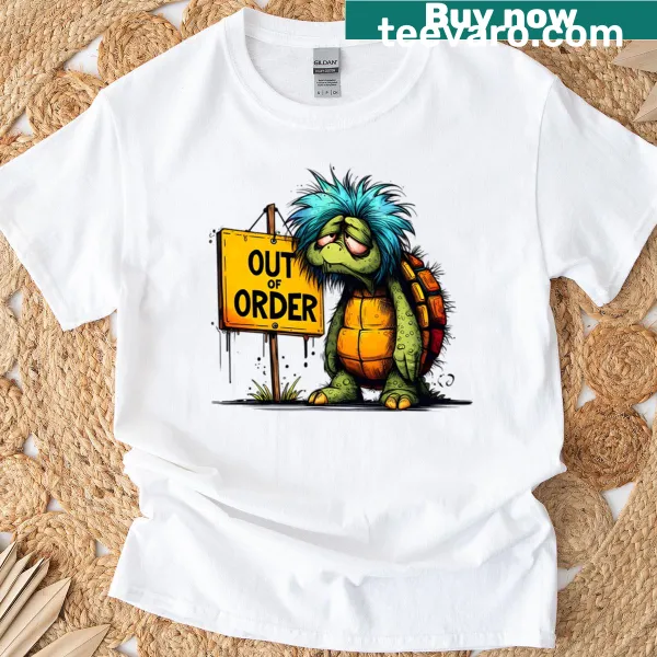 Cartoon turtle with a shield and 'Out Of Order' text on t-shirt