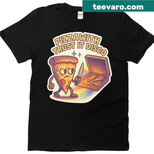 Funny cartoon pizza graphic with paranoid expression on t-shirt