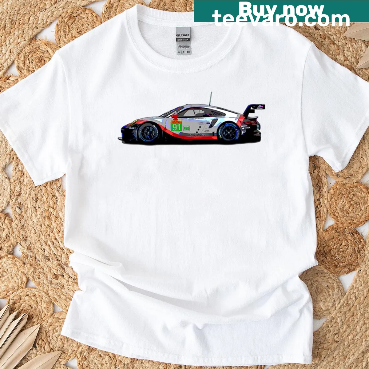 Illustrated shirt featuring Porsche track art — on a men's t-shirt