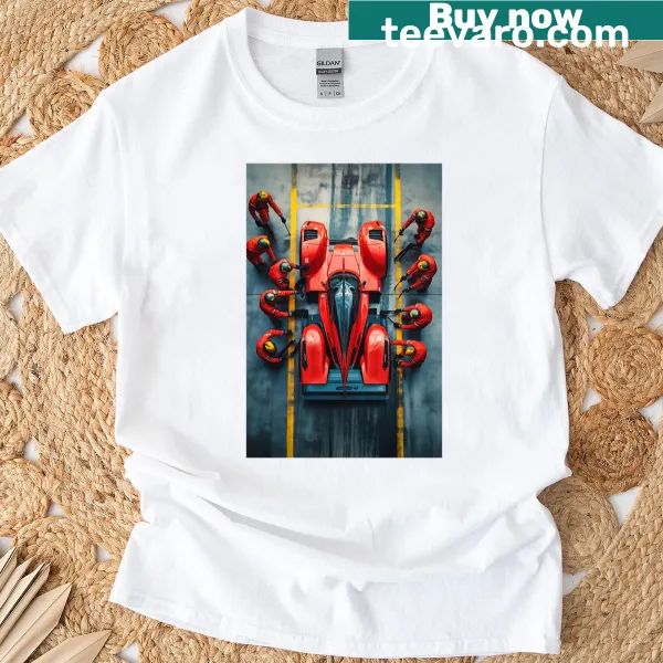 Illustrative T-shirt featuring a racing pit stop scene