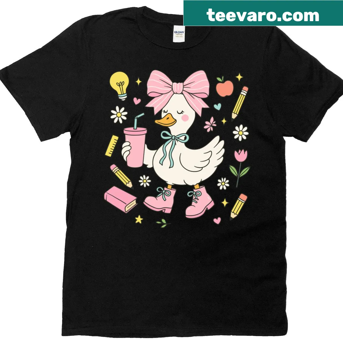 Cute goose illustration in a stylish outfit for back-to-school — on a men's t-shirt