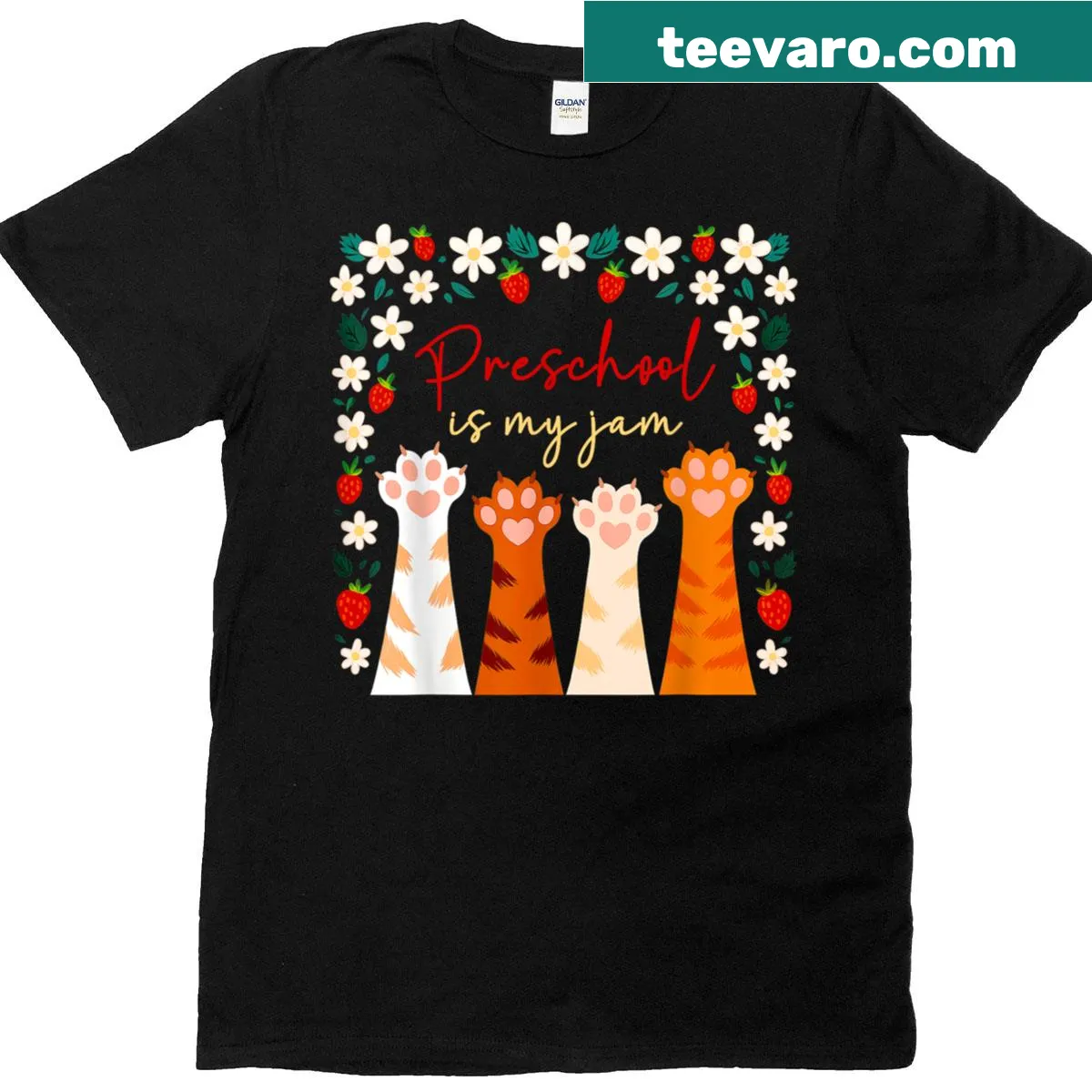 Humorous tee with strawberry and cat designs for preschoolers — on a men's t-shirt