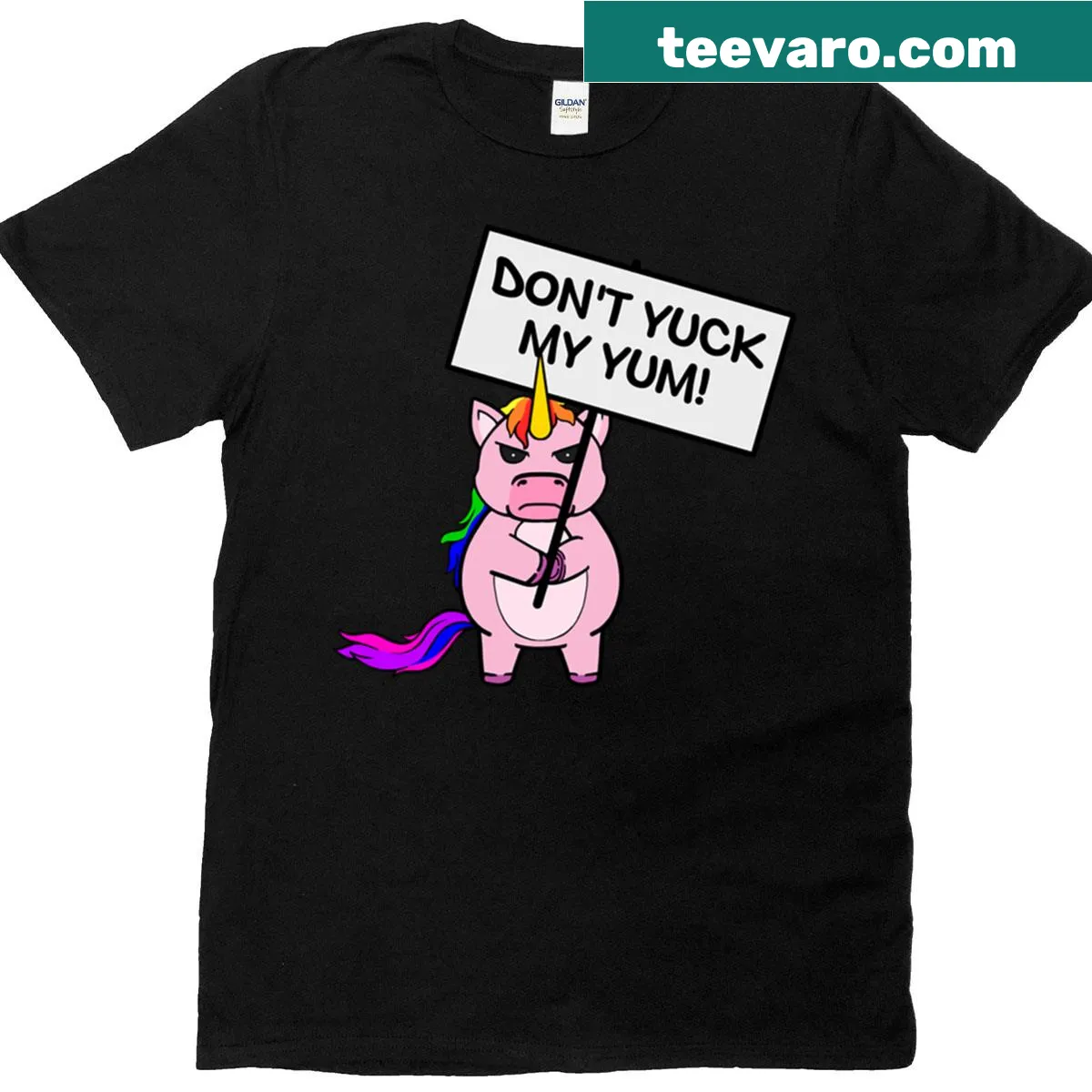 Funny unicorn illustration with text 'Yuck My Yum' on t-shirt — on a men's t-shirt