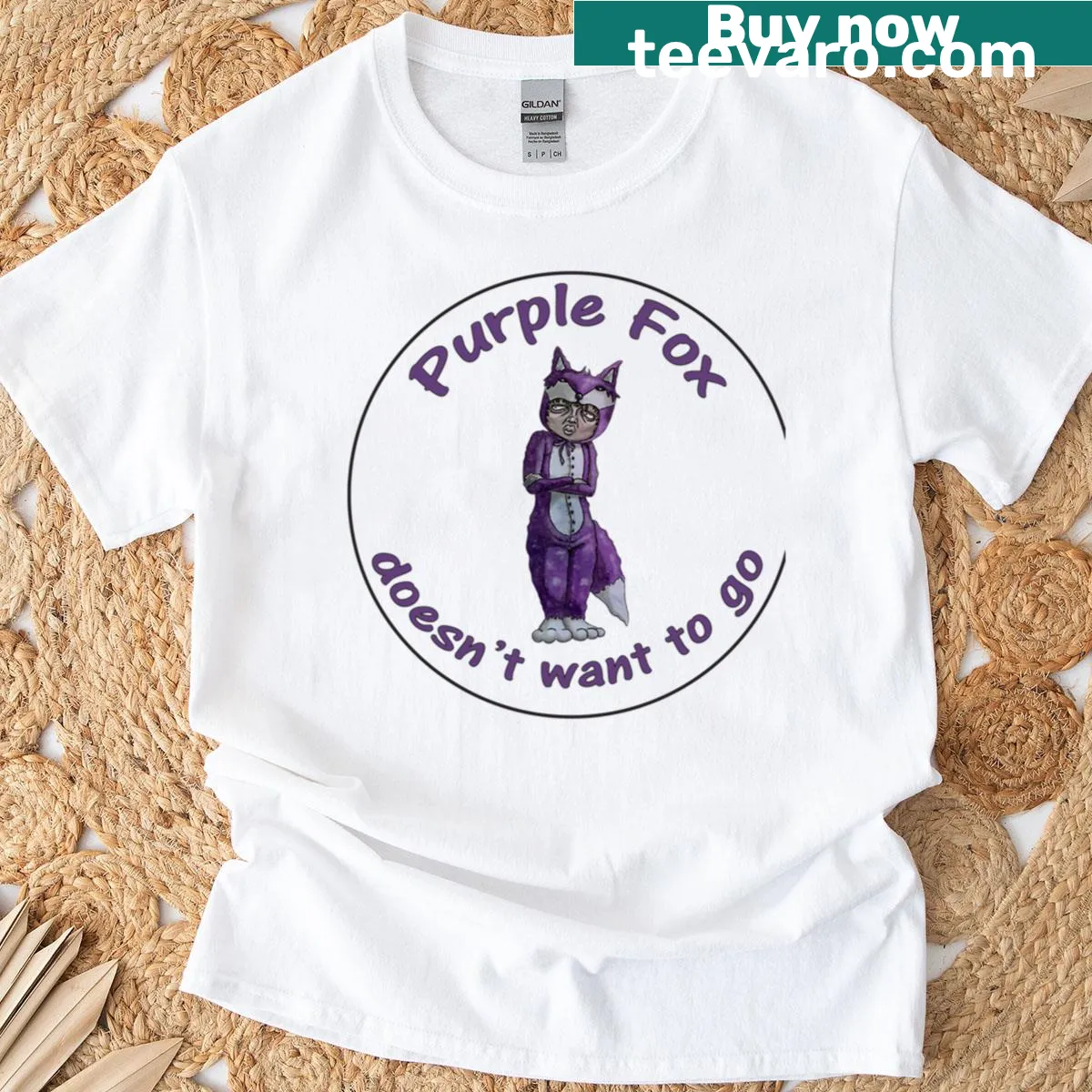 Oversized T-shirt with a purple fox graphic refusing to go — on a men's t-shirt