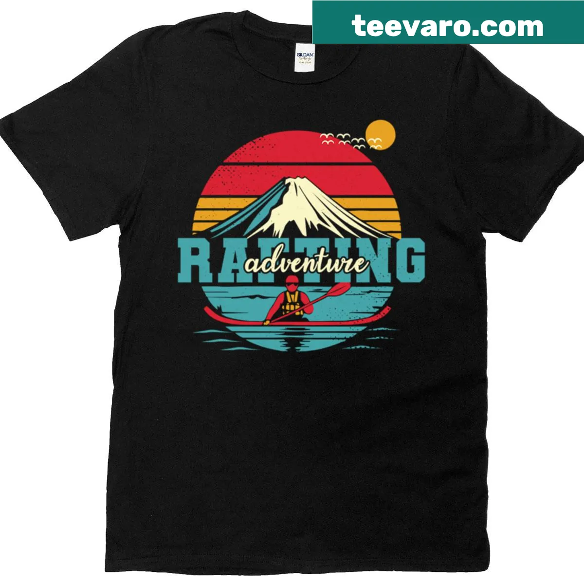 T-shirt featuring a rafting illustration with adventurous design — on a men's t-shirt