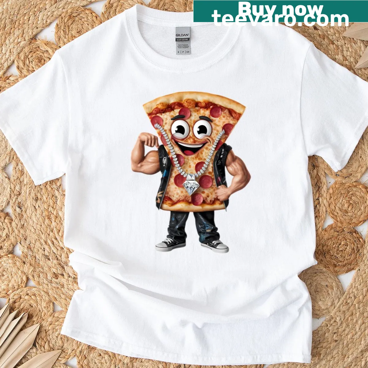 Hip-hop themed t-shirt with pizza and skate graphics. — on a men's t-shirt