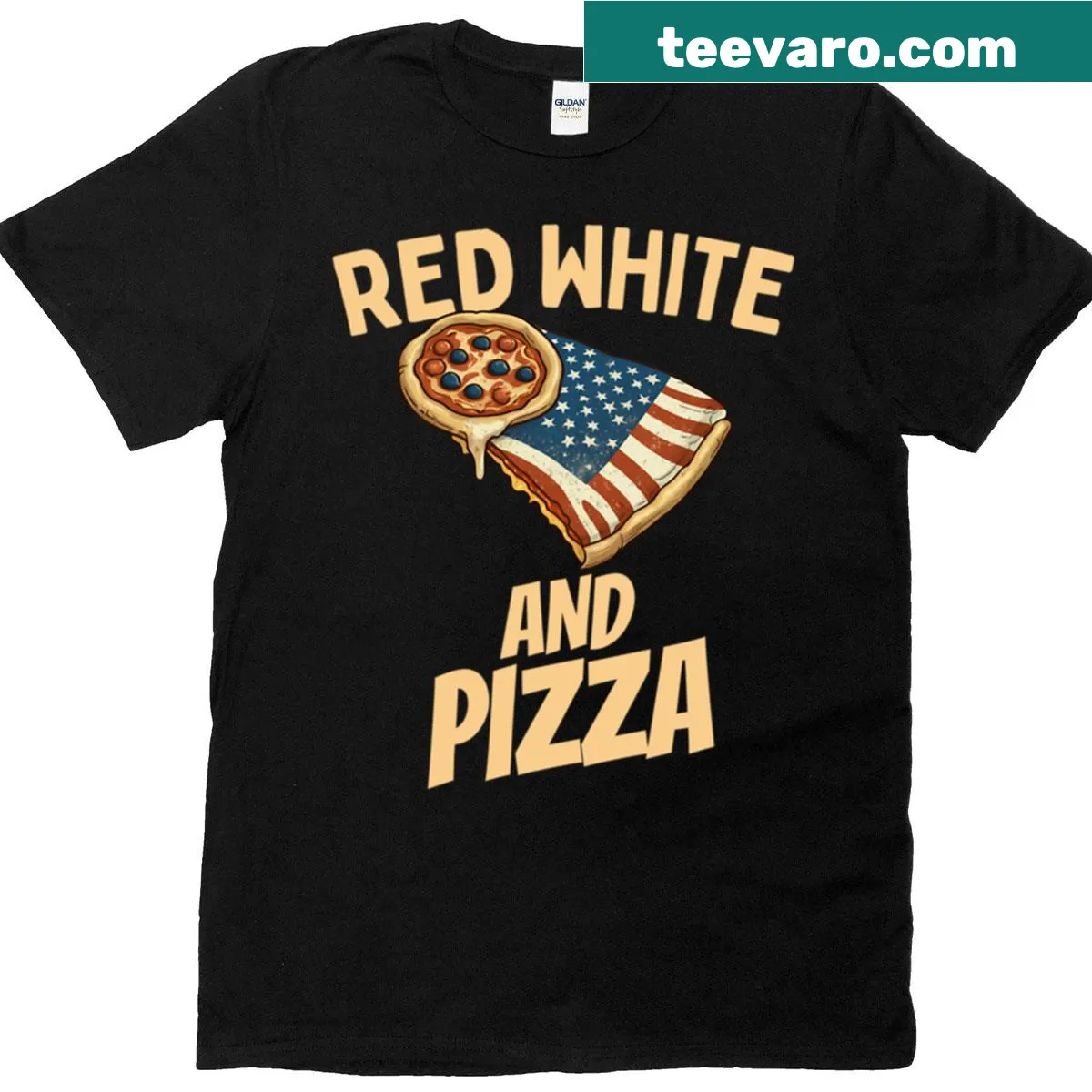 Funny pizza slice t-shirt with American flag colors for Fourth of July — on a men's t-shirt