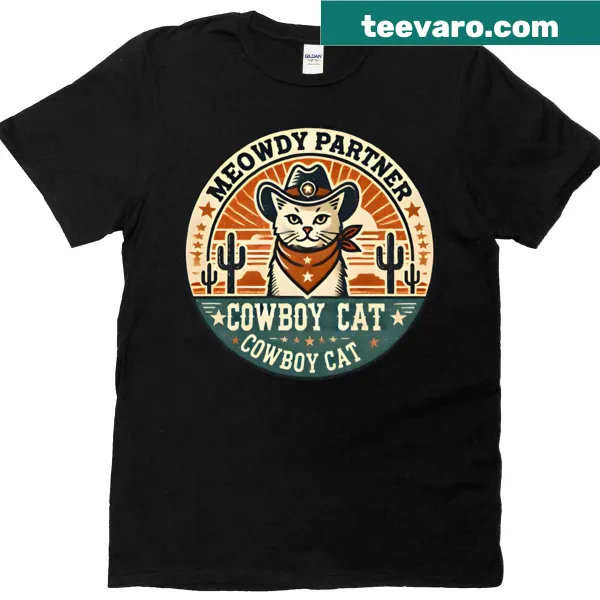 Illustrated retro cowboy cat wearing a hat and boots on a t-shirt