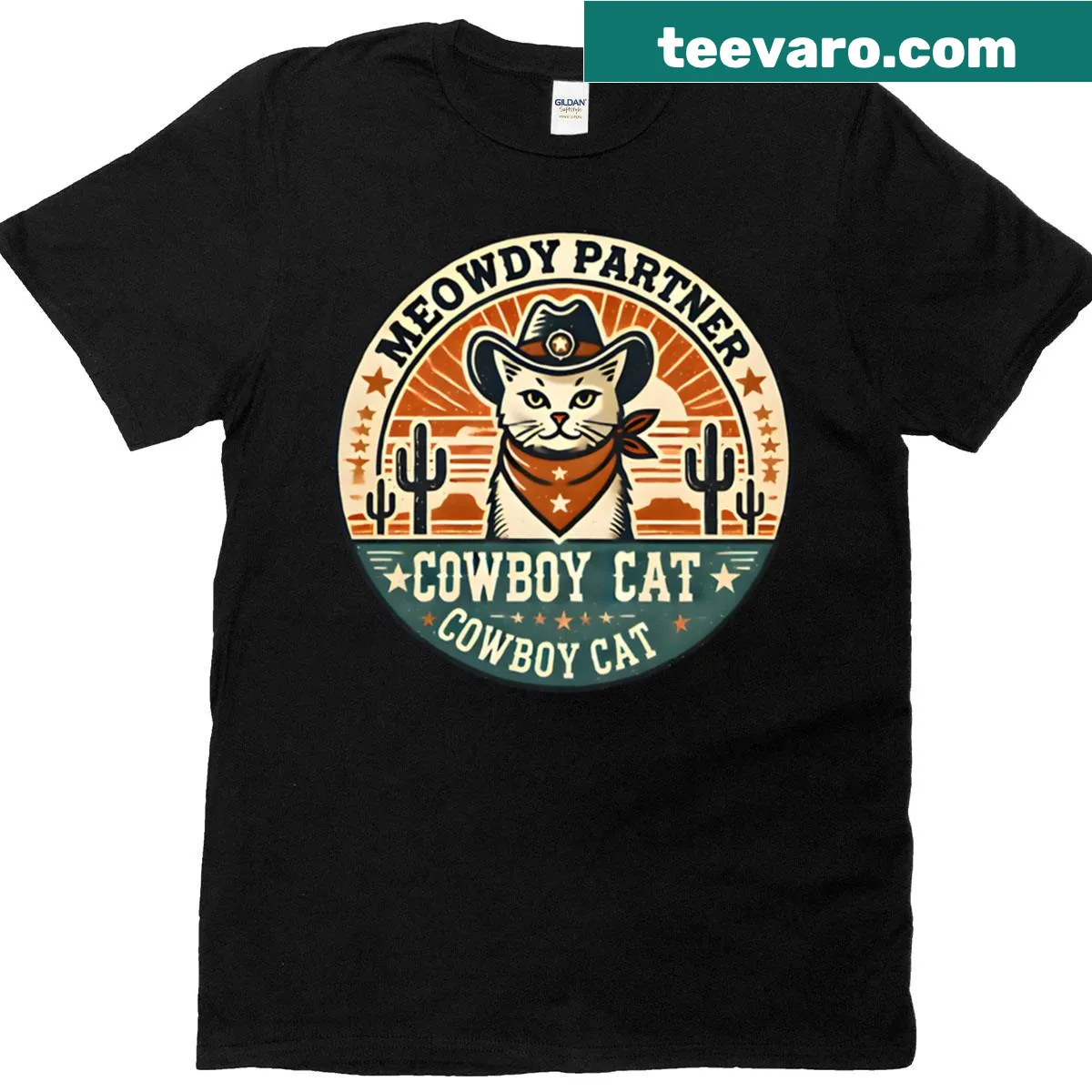 Illustrated retro cowboy cat wearing a hat and boots on a t-shirt — on a men's t-shirt