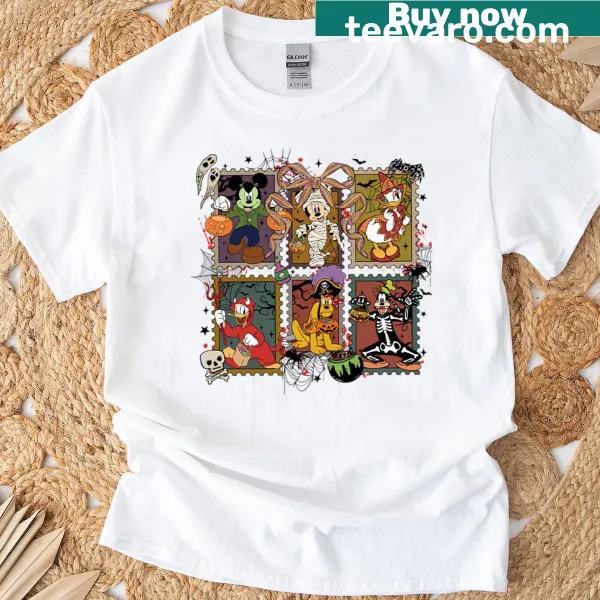 Cartoon Halloween T-shirt featuring a mouse and spooky friends