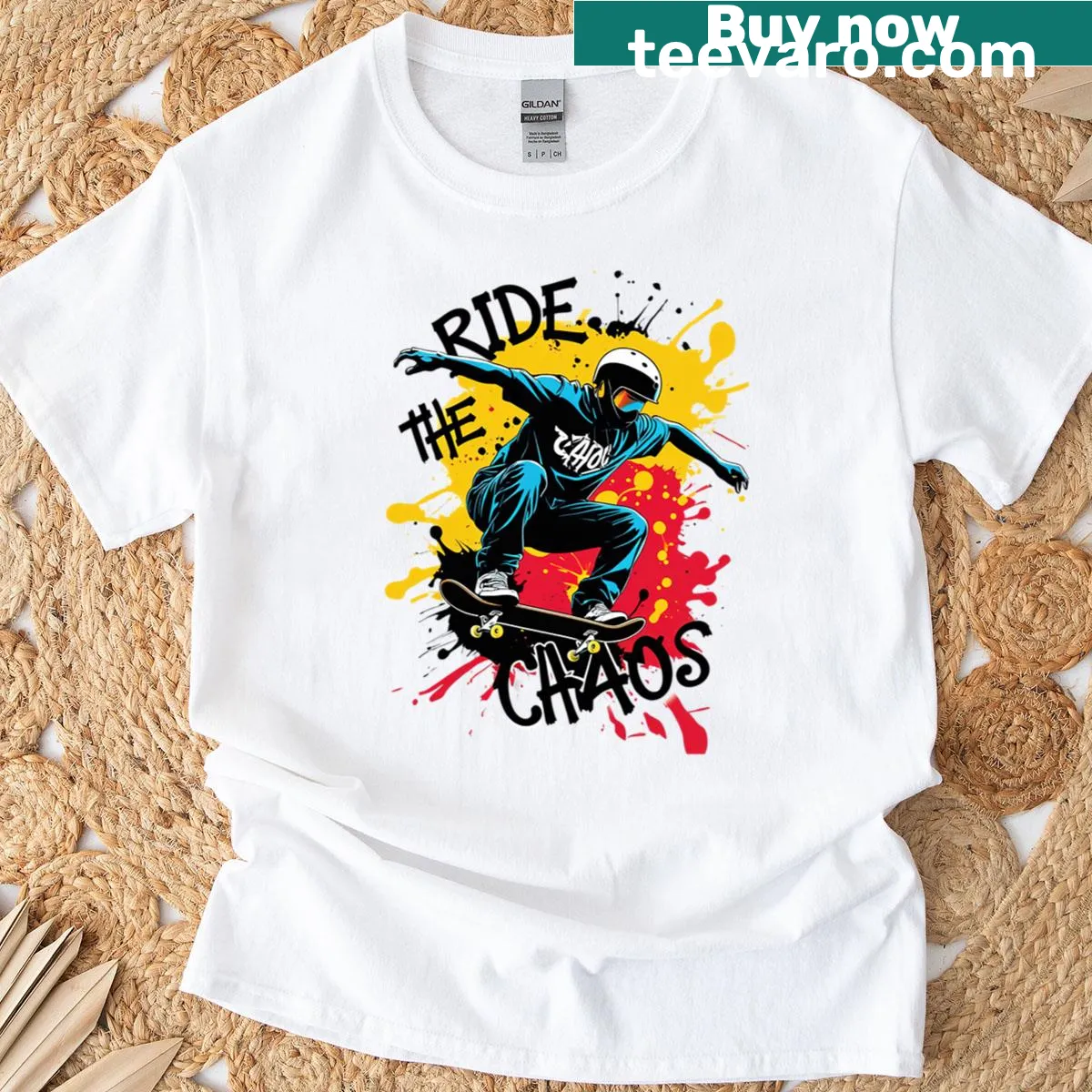 Urban streetwear t-shirt with a chaotic graphic design — on a men's t-shirt