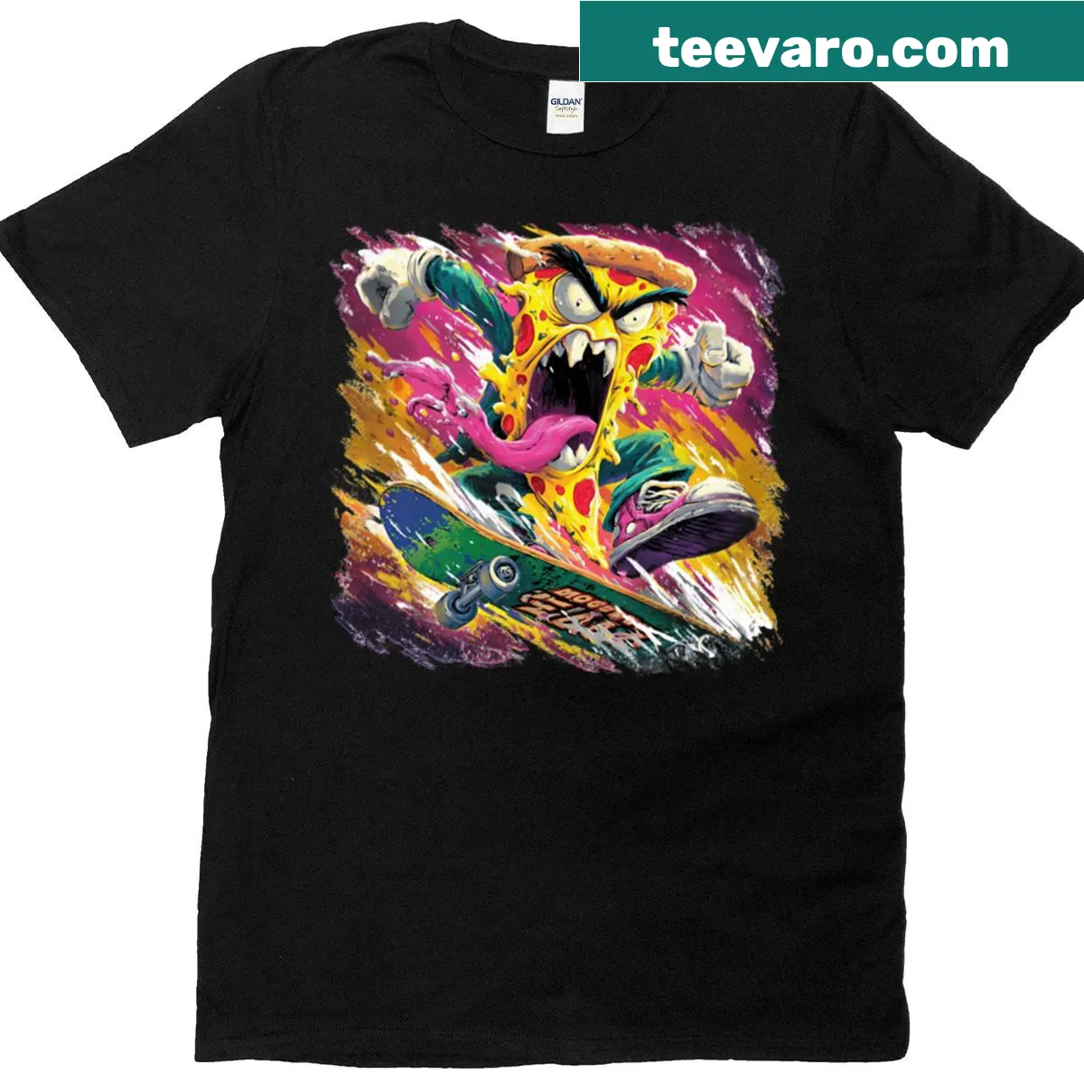 Cartoon of a pizza slice doing a kickflip on a skateboard — on a men's t-shirt