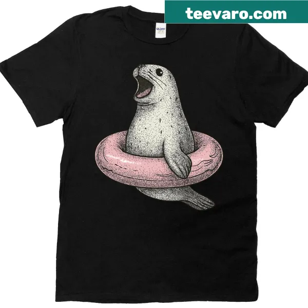 Seal illustration stuck in an innertube on an oversized t-shirt