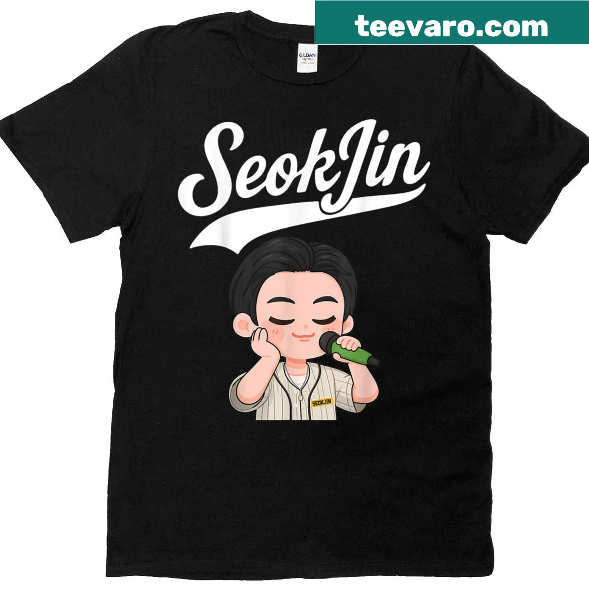 Chibi-style t-shirt featuring Seokjin for fans — on a men's t-shirt