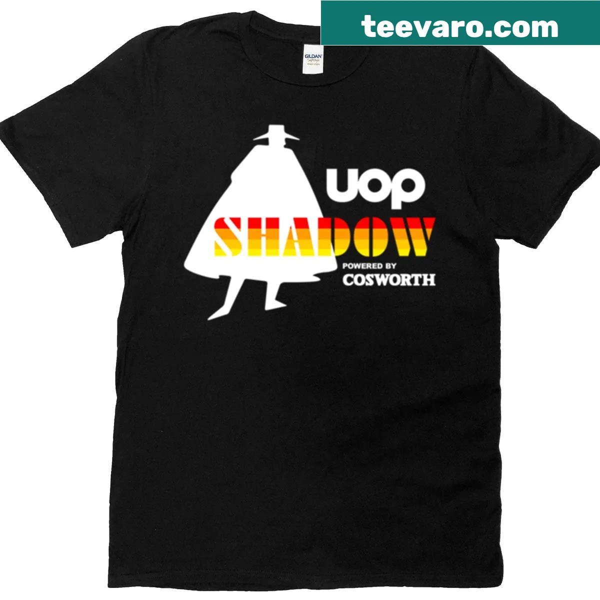 Vintage-style Shadow F1 Team t-shirt with classic racing logo — on a men's t-shirt