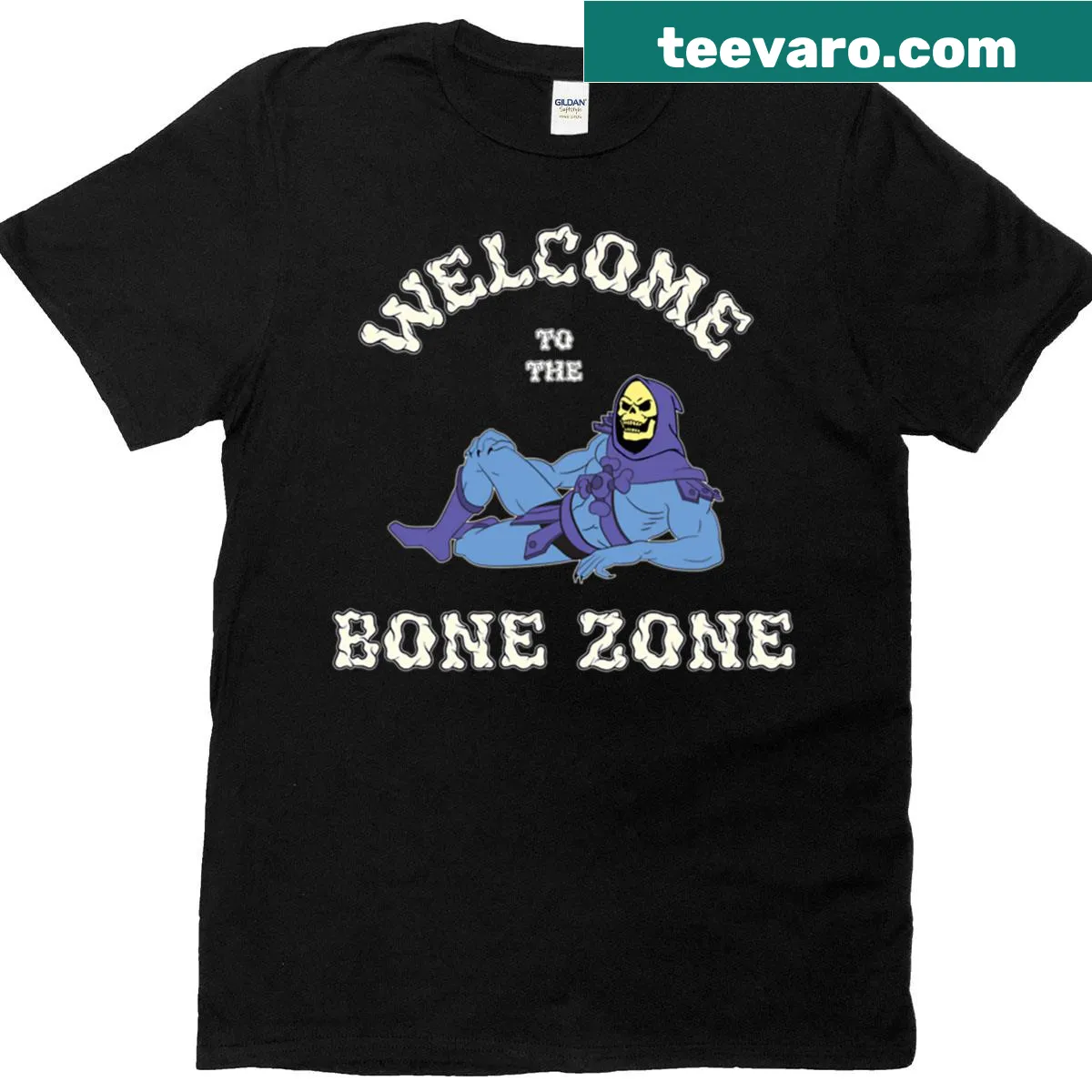Graphic t-shirt featuring Skeletor illustration and welcoming text — on a men's t-shirt