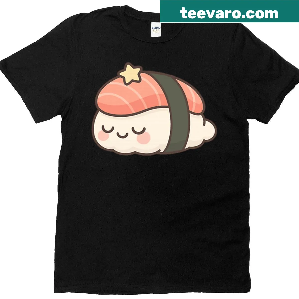 Kawaii style illustration of sleeping sushi nigiri on a t-shirt — on a men's t-shirt