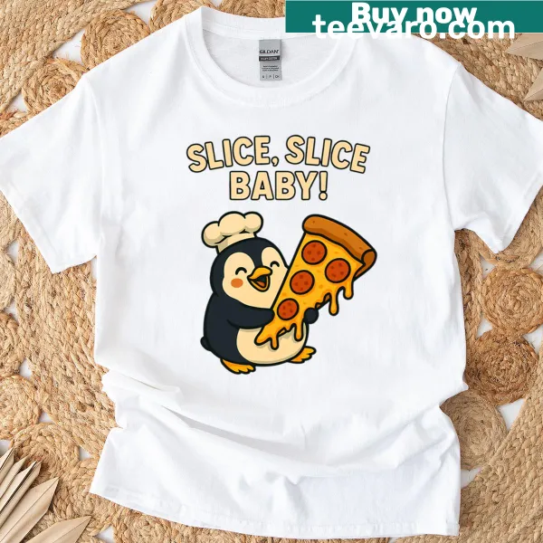 Cartoon T-shirt featuring a penguin holding a pepperoni pizza slice