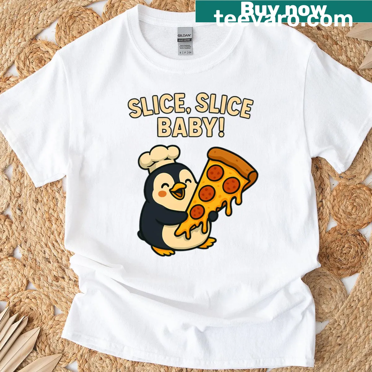 Cartoon T-shirt featuring a penguin holding a pepperoni pizza slice — on a men's t-shirt