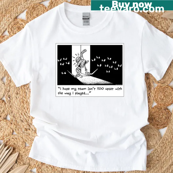 Cartoon T-shirt depicting a hockey goalie in a humorous situation